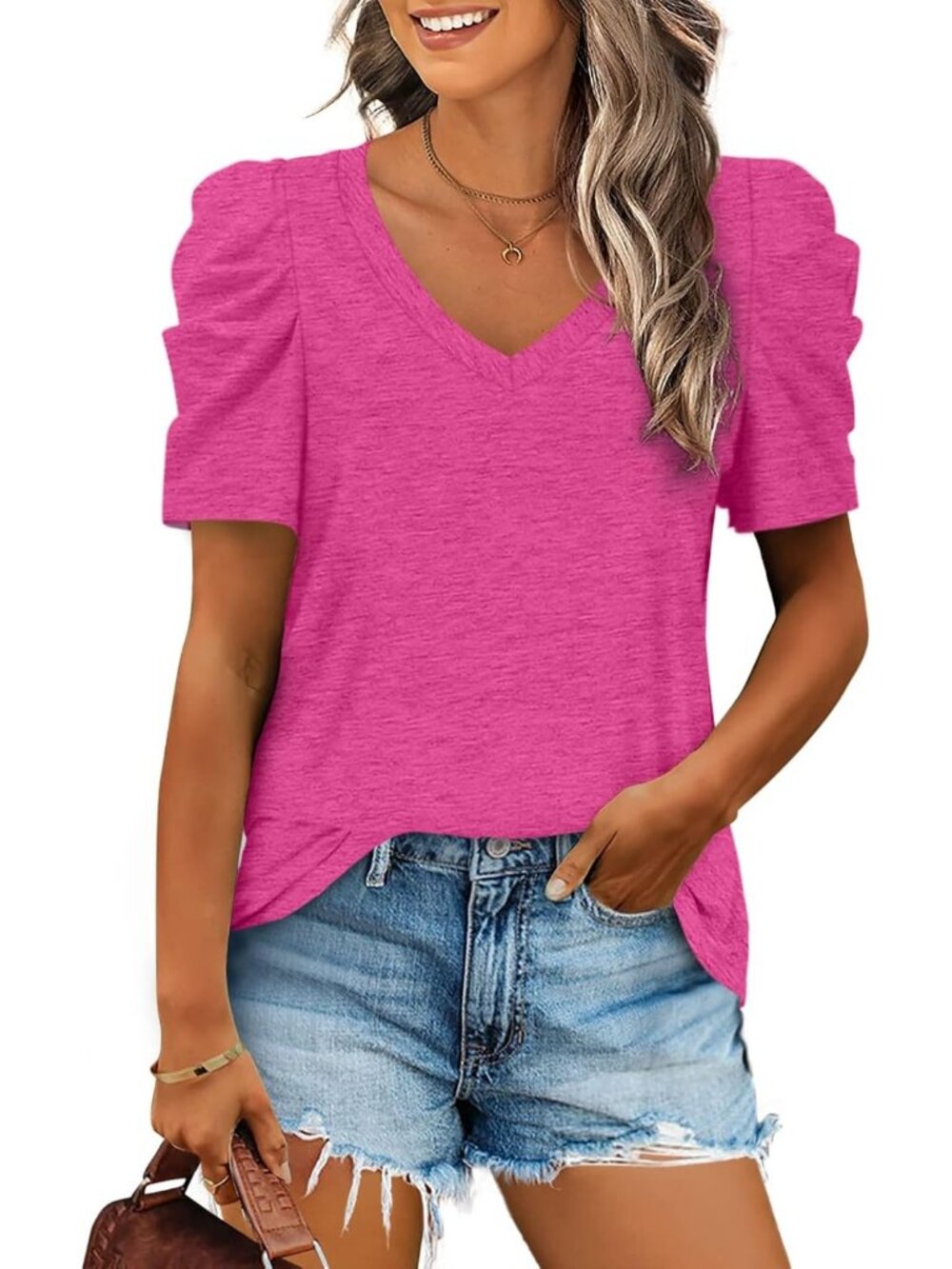 Women's Deep Pink Polyester Blend Puff Sleeve V Neck Pull On Casual Henley Shirt